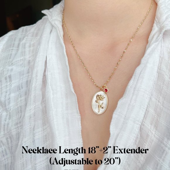 New Birth Flower Necklace with Birthstone Gold Necklace, Mother of Pearl Pendant - Picture 3 of 7